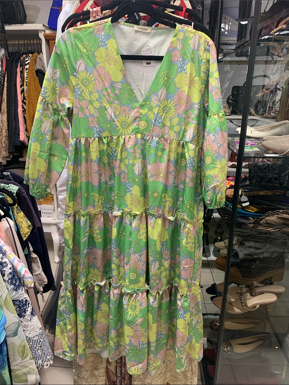 Sunday Up Floral Tiered V-Neck Dress in Green, Yellow & Pink